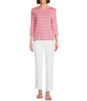 Lilly Pulitzer x Saint James Voissey Contrast Stripe Round Neck 3/4 Sleeve Fine Gauge Knit Sweater