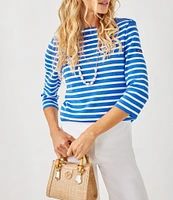 Lilly Pulitzer x Saint James Voissey Contrast Stripe Round Neck 3/4 Sleeve Fine Gauge Knit Sweater