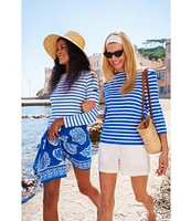 Lilly Pulitzer x Saint James Voissey Contrast Stripe Round Neck 3/4 Sleeve Fine Gauge Knit Sweater