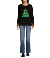 Lisa International Animal Faux Fur Trim Christmas Tree Crew Neck Sweater