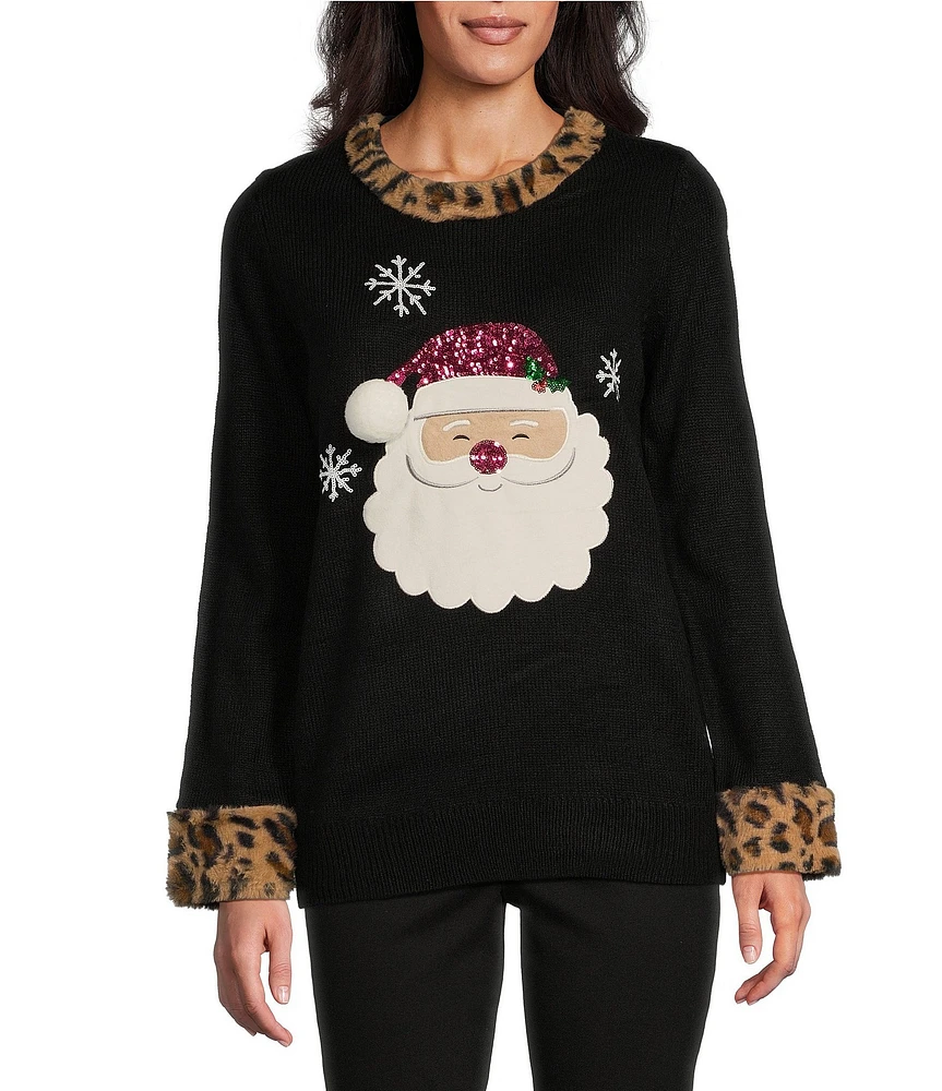 Lisa International Faux Fur Trim Crew Neck Santa Christmas Sweater