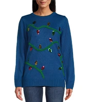 Lisa International Fury Yarn Ribbed Crew Neck Sequin Embroidered Light Decoration Christmas Sweater