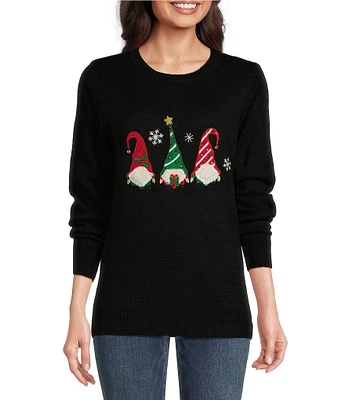 Lisa International Knit Sequin Embroidered Christmas Applique Detail Crew Neck Long Sleeve Sweater