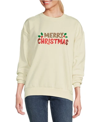 Lisa International Merry Christmas Printed Crew Neck Long Sleeve Holiday Sweatshirt