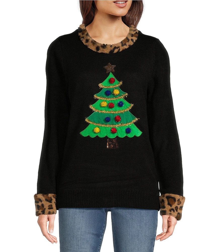 Lisa International Petite Size Animal Faux Fur Trim Christmas Tree Crew Neck Sweater