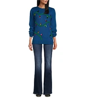 Lisa International Petite Size Fury Yarn Ribbed Crew Neck Sequin Embroidered Light Decoration Christmas Sweater