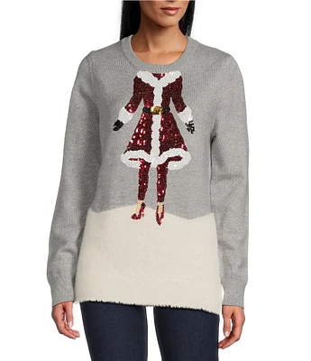 Lisa International Petite Size Sequin Embroidered Mrs. Claus Christmas Sweater