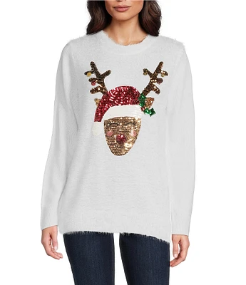 Lisa International Petite Size Sequined Reindeer Crew Neck Christmas Furry Sweater