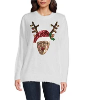 Lisa International Petite Size Sequined Reindeer Crew Neck Christmas Furry Sweater