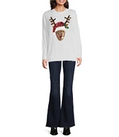 Lisa International Petite Size Sequined Reindeer Crew Neck Christmas Furry Sweater