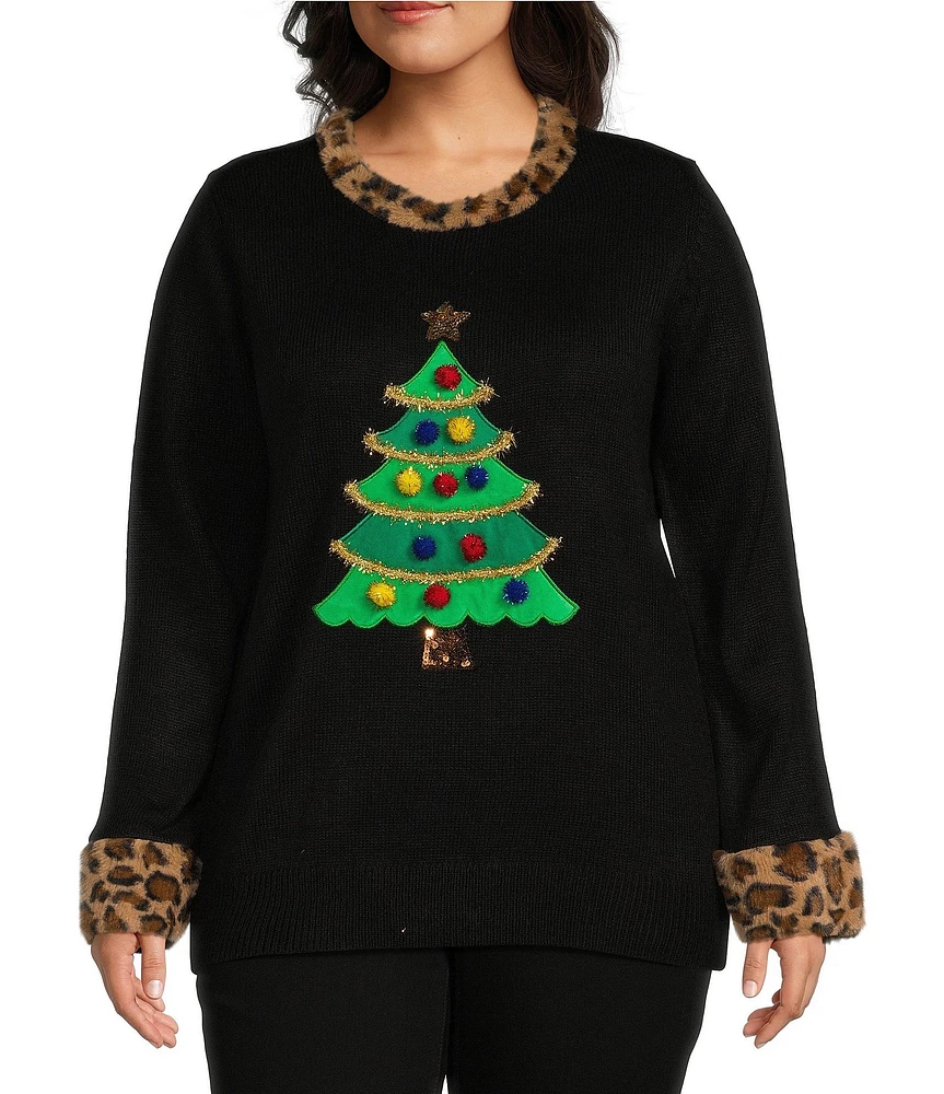 Lisa International Plus Size Animal Faux Fur Trim Christmas Tree Crew Neck Sweater