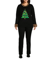 Lisa International Plus Size Animal Faux Fur Trim Christmas Tree Crew Neck Sweater