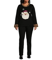 Lisa International Plus Size Faux Fur Trim Crew Neck Santa Christmas Sweater