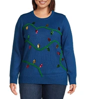 Lisa International Plus Size Fury Yarn Ribbed Crew Neck Sequin Embroidered Light Decoration Christmas Sweater