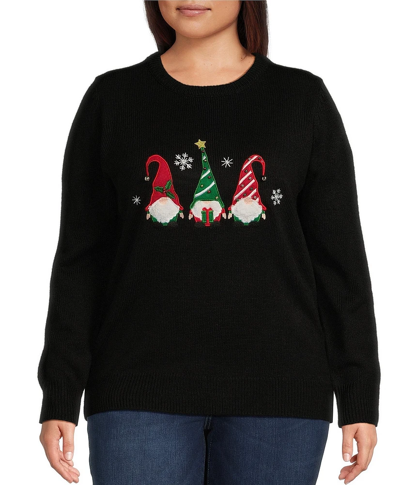 Lisa International Plus Size Knit Sequin Embroidered Christmas Applique Detail Crew Neck Long Sleeve Sweater