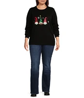 Lisa International Plus Size Knit Sequin Embroidered Christmas Applique Detail Crew Neck Long Sleeve Sweater