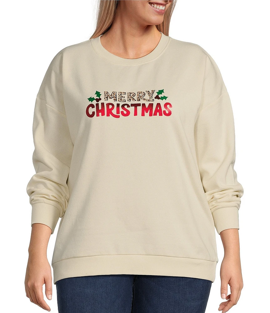 Lisa International Plus Size Merry Christmas Printed Crew Neck Long Sleeve Sweatshirt