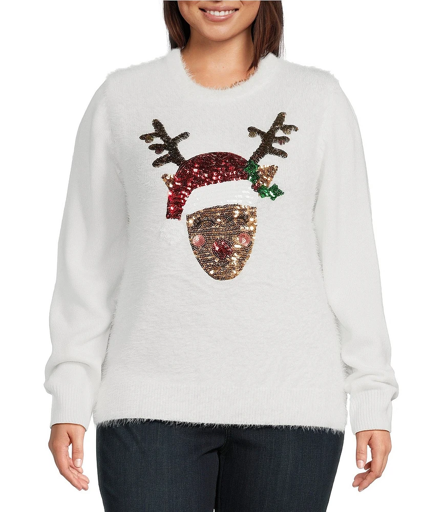 Lisa International Plus Size Sequined Reindeer Crew Neck Christmas Furry Sweater