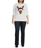 Lisa International Plus Size Sequined Reindeer Crew Neck Christmas Furry Sweater