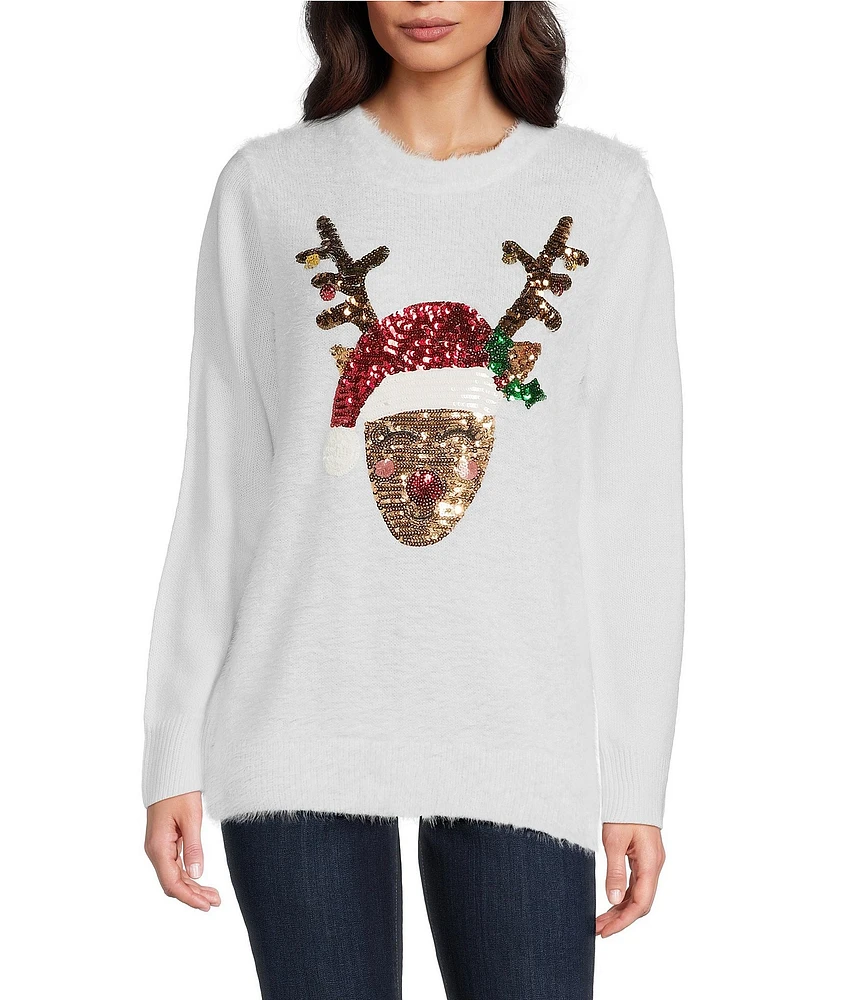 Lisa International Sequined Reindeer Crew Neck Christmas Furry Sweater