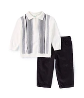 Little Me Baby Boys 12-24 Months Long-Sleeve Intarsia-Knit Polo Shirt & Solid Woven Pant Set