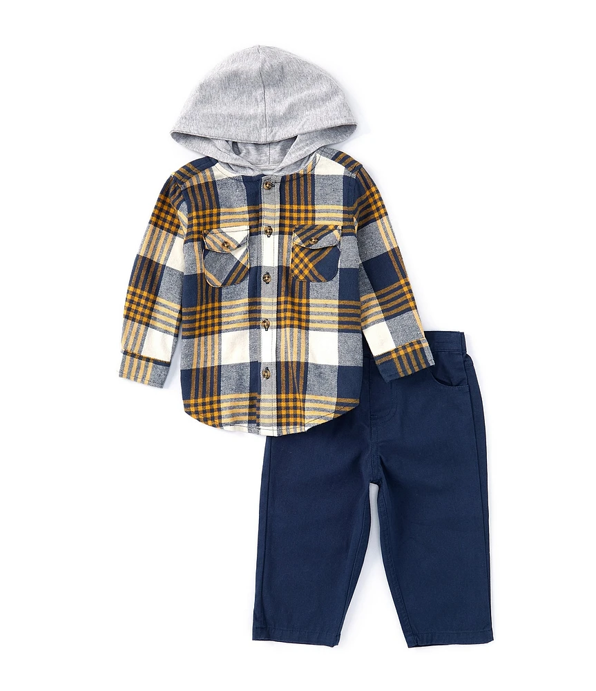 Little Me Baby Boys 12-24 Months Long-Sleeve Plaid Hooded Shirt & Solid Woven Pant Set