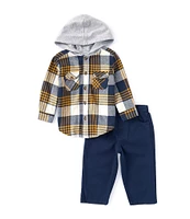 Little Me Baby Boys 12-24 Months Long-Sleeve Plaid Hooded Shirt & Solid Woven Pant Set