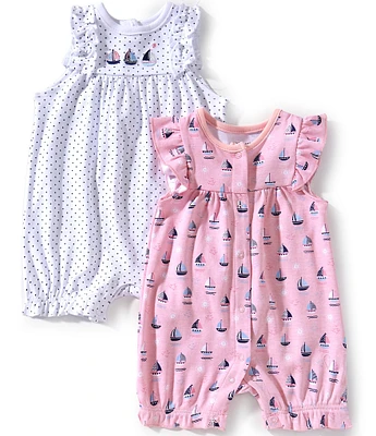 Little Me Baby Girls 3-12 Months Flutter-Sleeve Sailboat-Printed Romper & Flutter-Sleeve Pindotted Romper Two-Pack