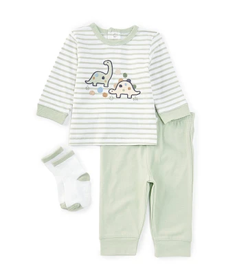 Little Me Baby Boys 3-12 Months Long-Sleeve Dinosaur-Motif Striped T-Shirt & Solid Jogger Pant Set