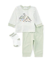 Little Me Baby Boys 3-12 Months Long-Sleeve Dinosaur-Motif Striped T-Shirt & Solid Jogger Pant Set