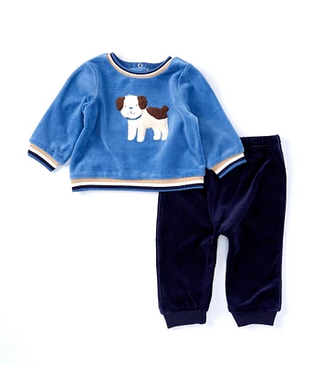 Little Me Baby Boys 3-12 Months Long Sleeve Fluffy Puppy Appliqued Velour Sweatshirt & Solid Velour Jogger Pant Set