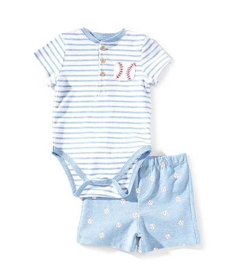 Little Me Baby Boys 3-12 Months Short-Sleeve Striped Baseball-Motif Bodysuit & Baseball-Pattern Shorts Set