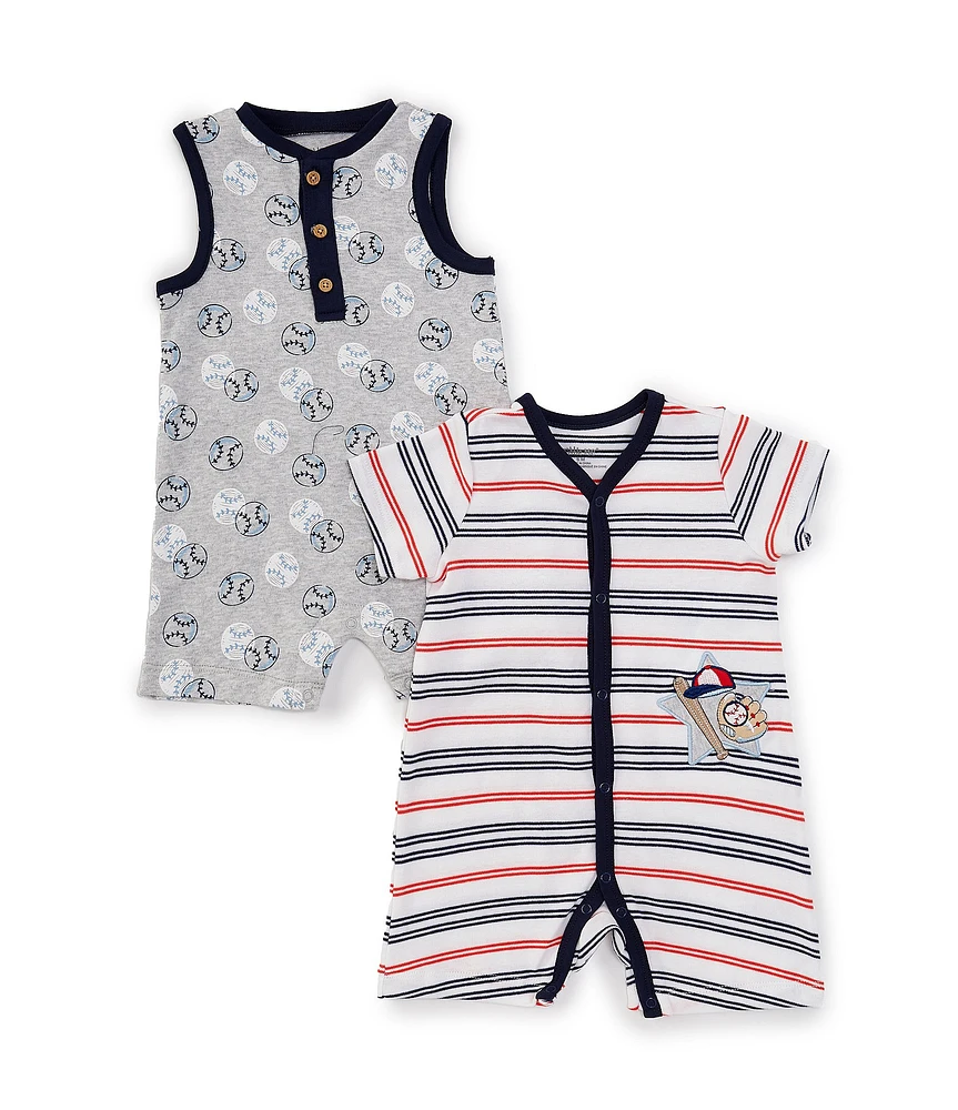 Little Me Baby Boys 3-12 Months Short Sleeve Striped Baseball-Themed Shortalls & Sleeveless Baseball Print Shortalls Two-Pack