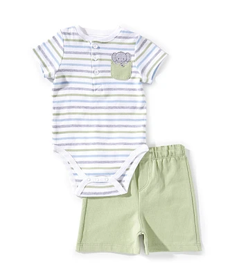 Little Me Baby Boys 3-12 Months Short-Sleeve Striped Elephant Motif Bodysuit & Solid Shorts Set