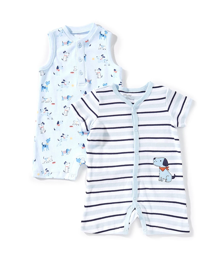 Little Me Baby Boys 3-12 Months Short-Sleeve Striped Puppy-Applique Shortall & Sleeveless Puppy-Printed Shortall Two-Pack