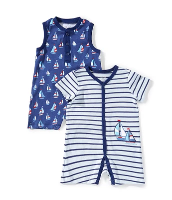 Little Me Baby Boys 3-12 Months Short-Sleeve Striped Sailboat-Motif Shortall & Sleeveless Sailboat-Print Shortall Two-Pack