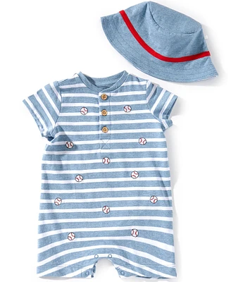 Little Me Baby Boys 3-12 Months Short Sleeve Striped/Baseball-Pattern Shortall