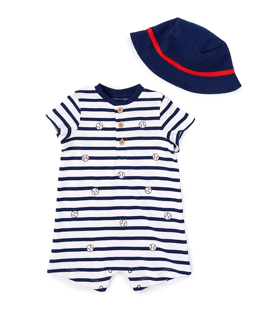 Little Me Baby Boys 3-12 Months Short Sleeve Striped/Baseball-Themed Shortalls