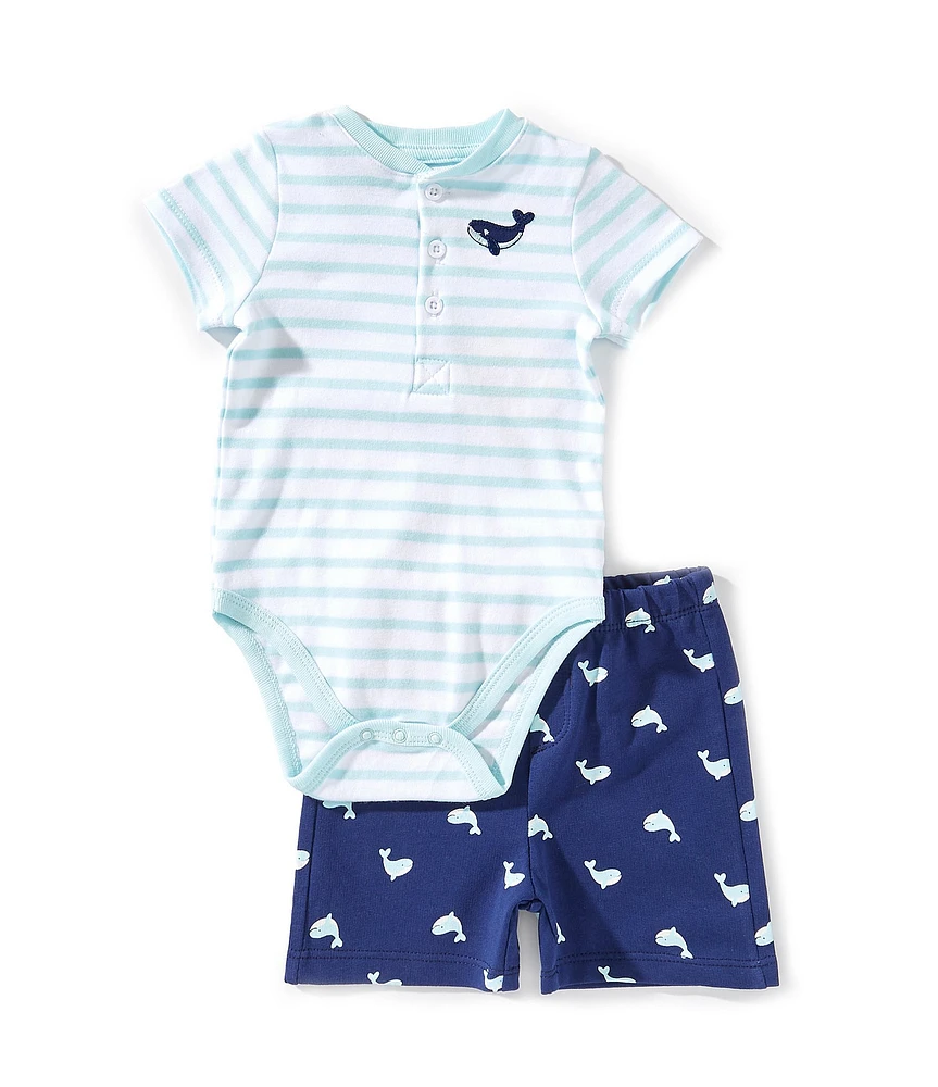 Little Me Baby Boys 3-12 Months Short-Sleeve Striped/Whale-Motif Bodysuit & Whale-Printed Shorts Set