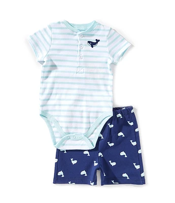 Little Me Baby Boys 3-12 Months Short-Sleeve Striped/Whale-Motif Bodysuit & Whale-Printed Shorts Set