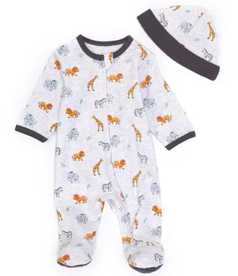 Little Me Baby Boys Newborn-9 Months Jungle Pals Zip Footed Coverall & Hat Set