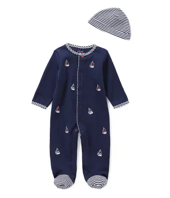 Little Me Baby Boys Newborn-9 Months Schiffli Sailboat Footed Coverall & Hat Set