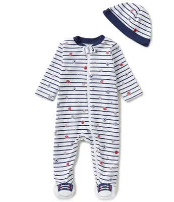 Little Me Baby Boys Preemie-9 Months Sport Star Striped Footed Coverall & Hat Set