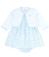 Little Me Baby Girls 12-24 Months Long Sleeve Striped Cardigan & Short Sleeve Daisy Floral Smocked Fit & Flare Dress Set