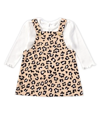 Little Me Baby Girls 12-24 Months Sleeveless Leopard-Print Jumper Dress & Long-Sleeve Solid Rib T-Shirt Set