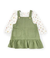 Little Me Baby Girls 12-24 Months Sleeveless Solid Patch Pocket Jumper Dress & Long Sleeve Ditsy Floral Top Set