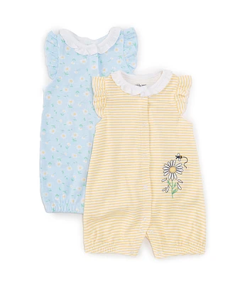 Little Me Baby Girls 3-12 Months Flutter-Sleeve Allover Daisy Print Romper & Striped Daisy Motif Romper Two-Pack