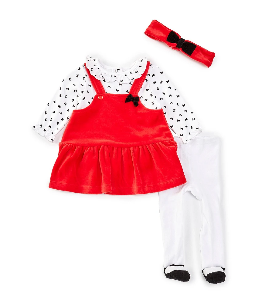 Little Me Baby Girls 3-9 Months Sleeveless Solid Jumper Dress, Long-Sleeve Bow-Printed Top & Solid Footed Leggings Set