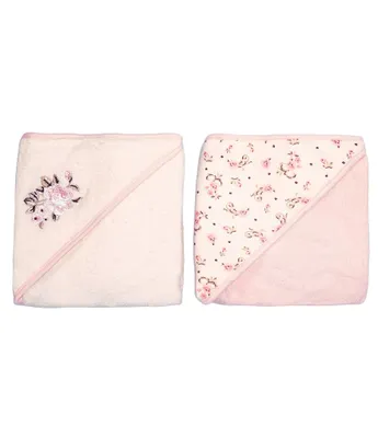 Little Me Baby Girls Floral Embroidered Motif/Vintage Rose Printed Hooded Towel 2-Pack