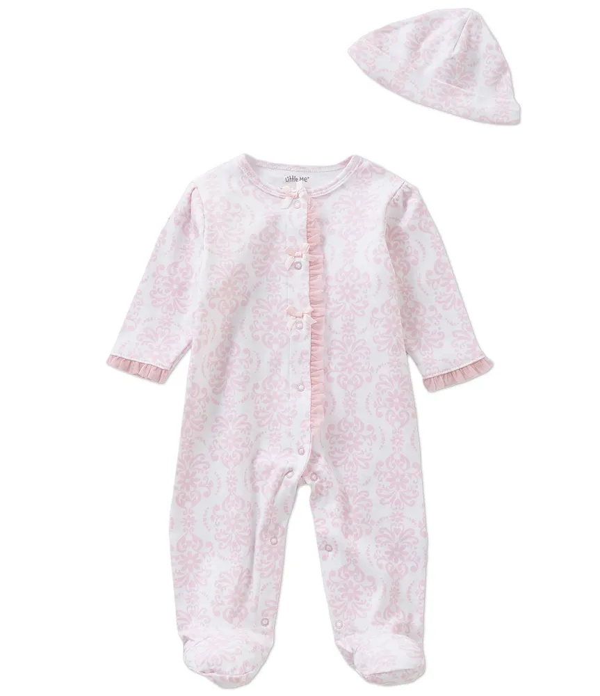 Little Me Baby Girls Preemie-9 Months Damask-Print Footie Coverall & Hat Set